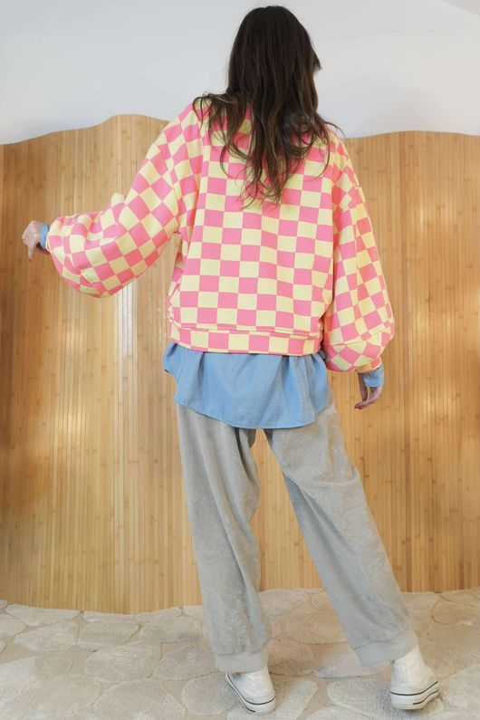 Check Mate Lantern Sleeve Sweat Hot Pink Yellow